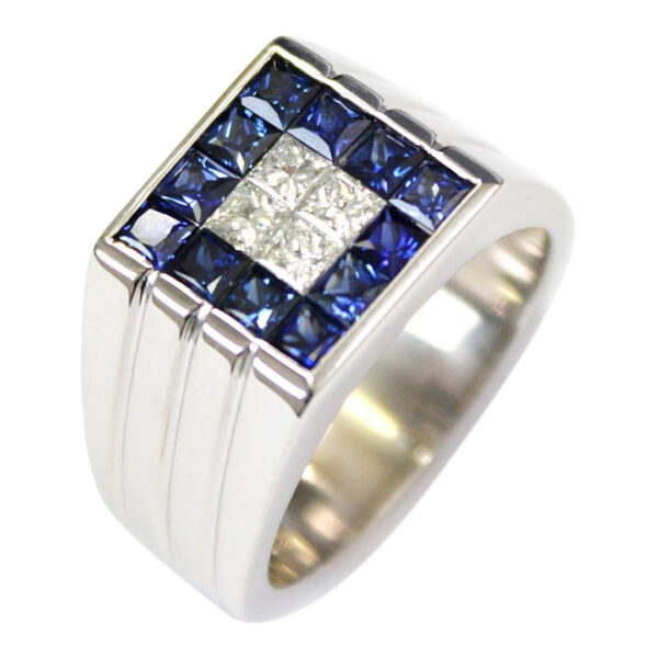 Mens Blue Sapphire and Diamond Ring